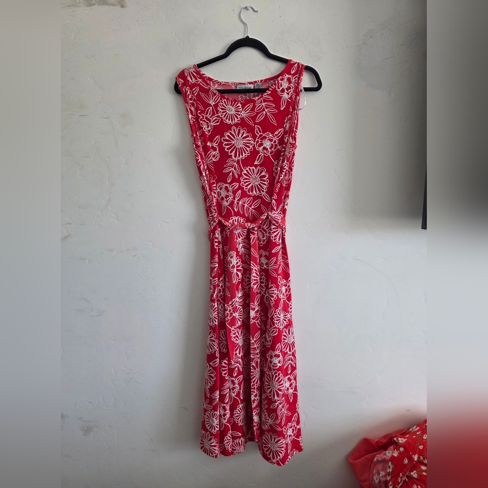 Nina Leonard Red Sleeveless Floral Tie-Waist Maxi Dress